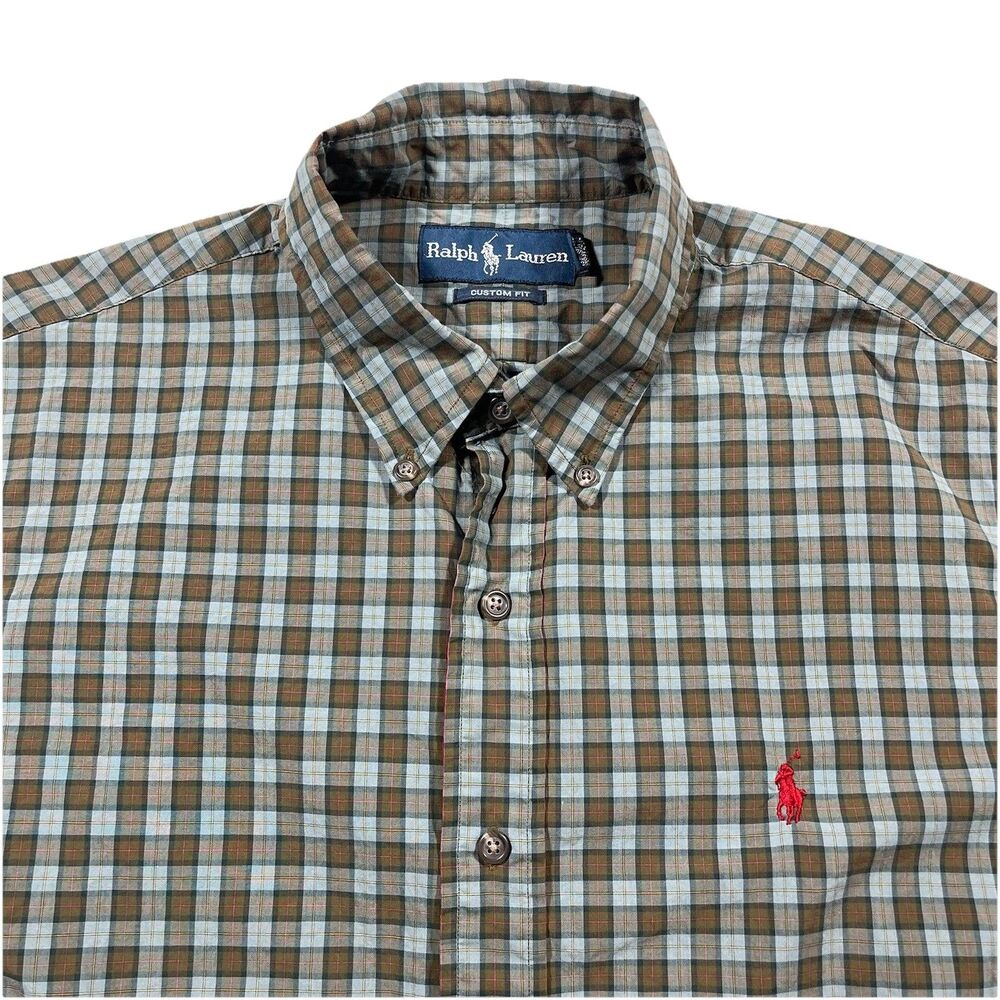 Ralph Lauren Custom Fit Plaid Button Down Shirt Mens Large Brown Blue Red Pony